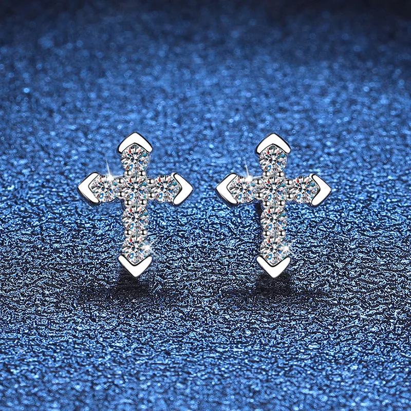JECIRCON 925 Sterling Silver Moissanite Stud Earrings for Women 0.36 Carat Full of Diamonds Cross Trend Personality Ear Jewelry