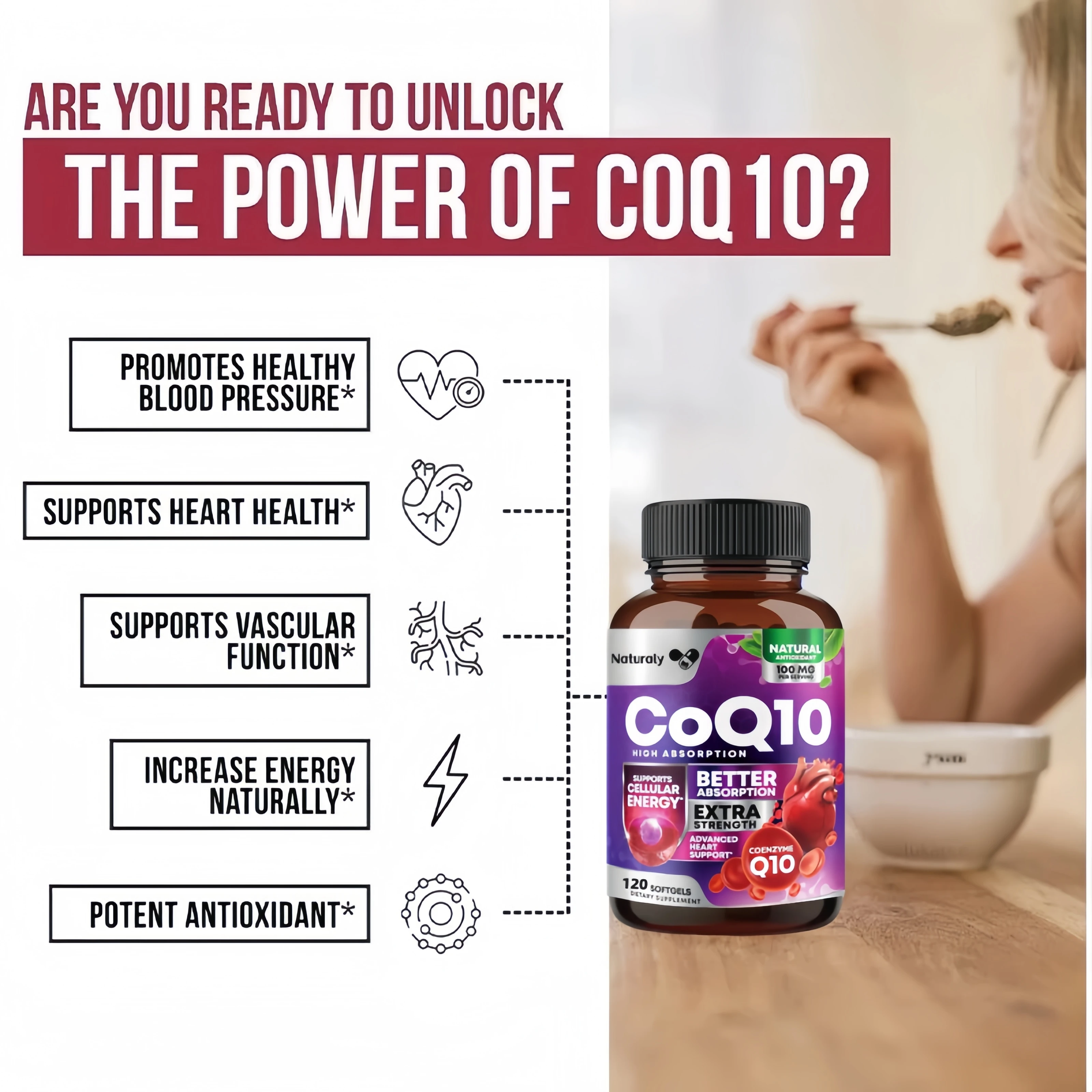 Organic CoQ10 Supplement 300 Mg Promotes Cardiovascular Heart Health Antioxidant Provides Energy Overall Health