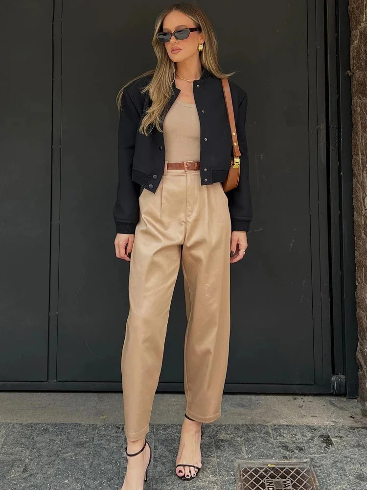 HH TRAF Fall Women\'s Fashion Casual Pants with Belt Female High Waisted Blended Ankle Straight Leg Trousers Business Work Pants