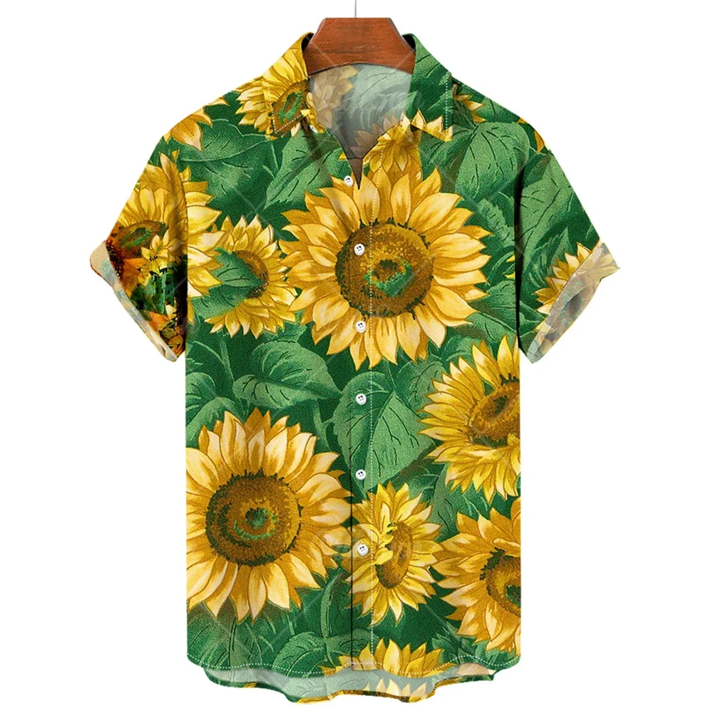 

Hawaiian Men's Shirt 2023 Sunflower Sunshine Print Lapel Shirt Men's Fashion Short Sleeve Tops Loose Oversized Men's