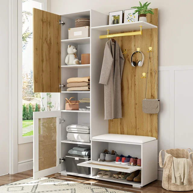 Ensemble de garde-robe Anajqaqia avec miroir, 6 crochets dorés, armoire à chaussures, porte-manteau mural, rangement supérieur, banc, éclairage LED 16 couleurs 1