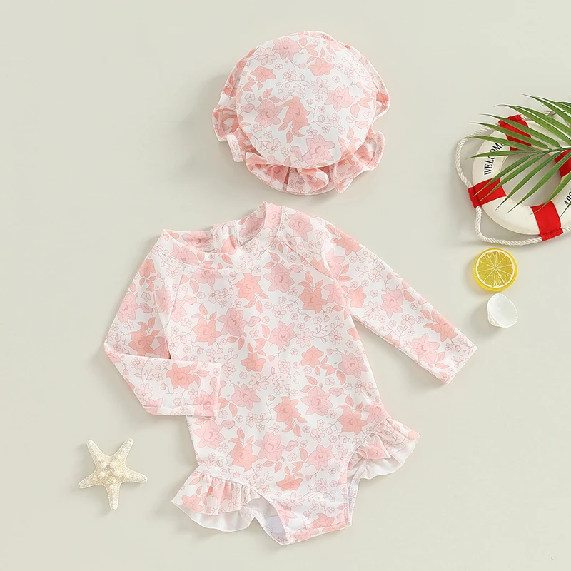 여아용 꽃무늬 프린트 플리츠 점프수트 및 모자 세트, 하와이 해변 서핑,  수영복, 비치웨어, 6M-3T, 여름