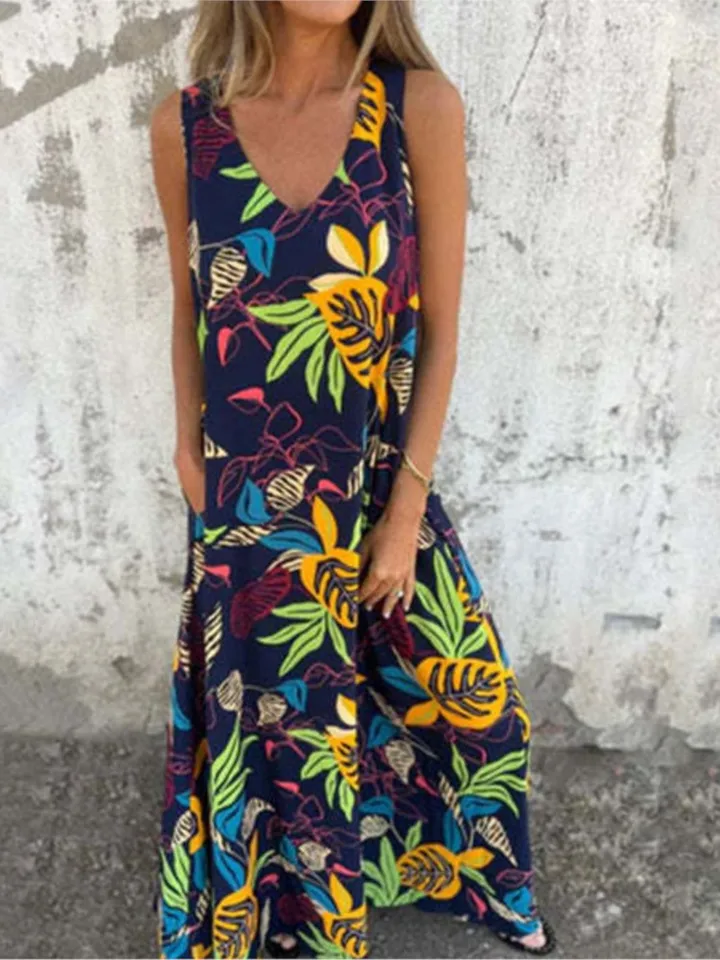 Vestido Verão Feminino ETCYY - Gola V Sem Mangas Com Bolsos Praia