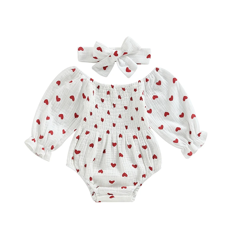 Newborn Baby Girls Romper Heart Print Long Sleeve Jumpsuits Infant Spring Autumn Clothes Jumpsuit Headband