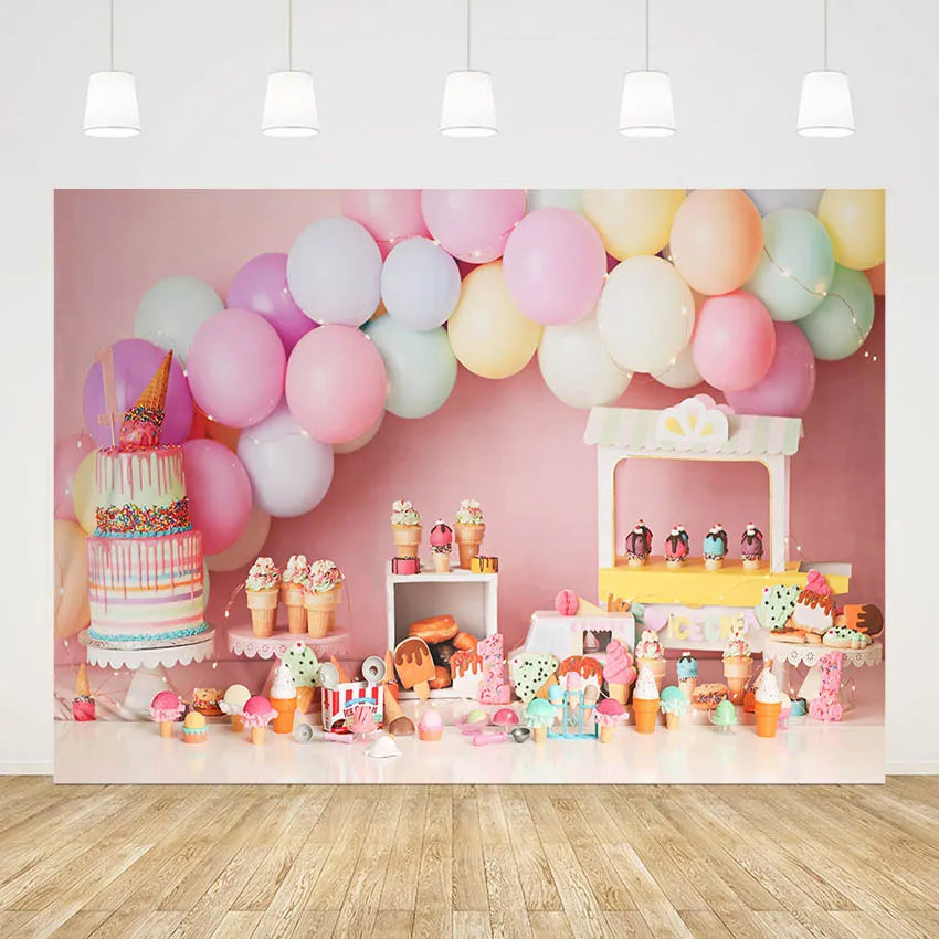 

Mehofond Photography Background Dessert House Ice Cream Balloons Girl 1st Birthday Cake Smash Decoration Backdrop Photo Studio