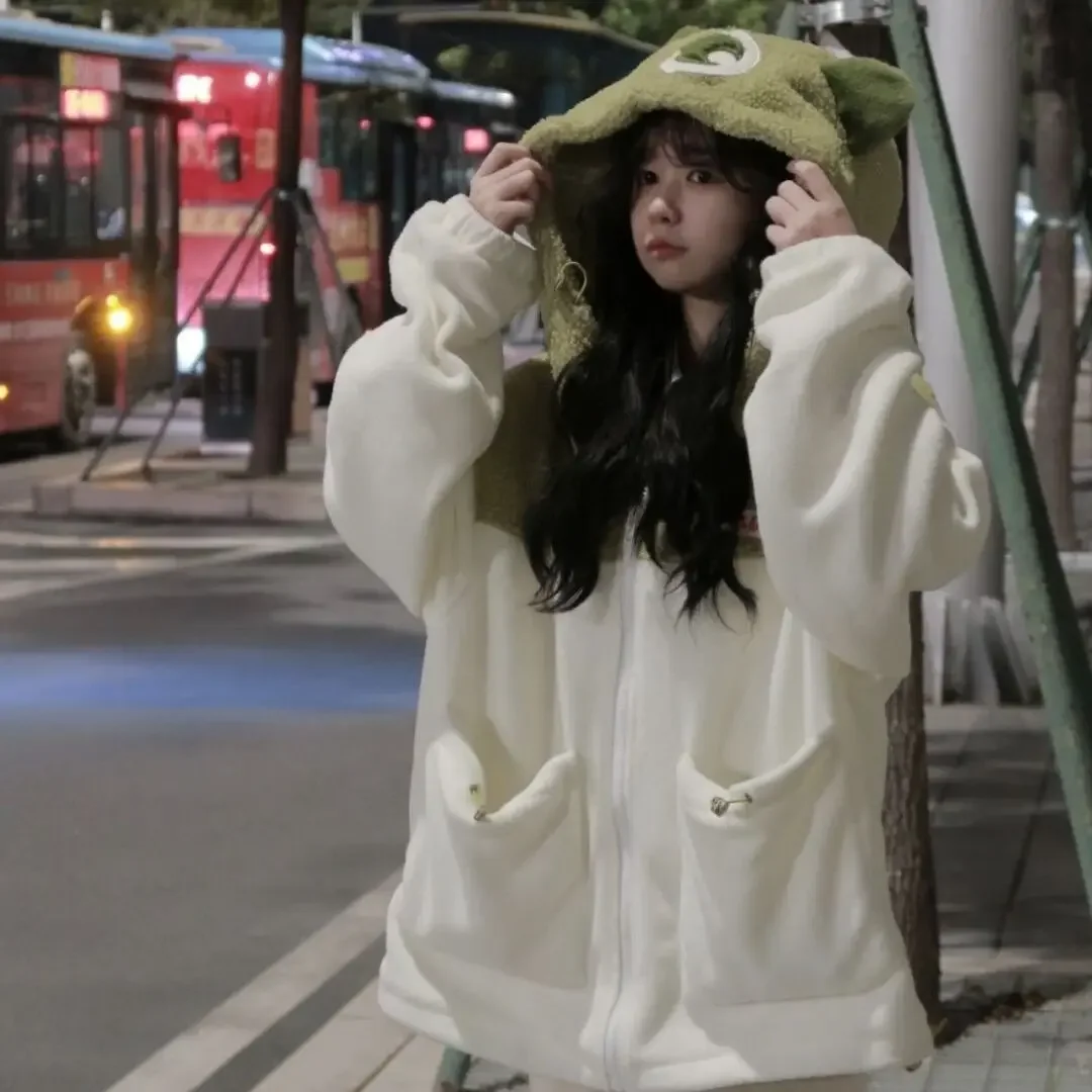 Korean style lazy style lamb plush hooded sweatshirt for women loose design cardigan jacket plus velvet top trend zip up hoodie