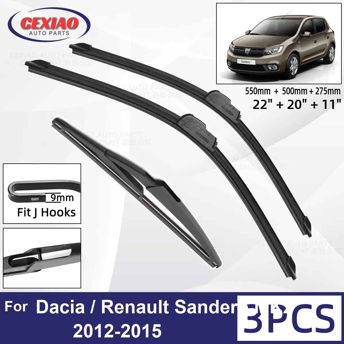 

For Dacia / Renault Sandero MK2 2012-2015 Car Front Rear Wiper Blades Soft Rubber Windscreen Wipers Auto Windshield 22"+20"+11"