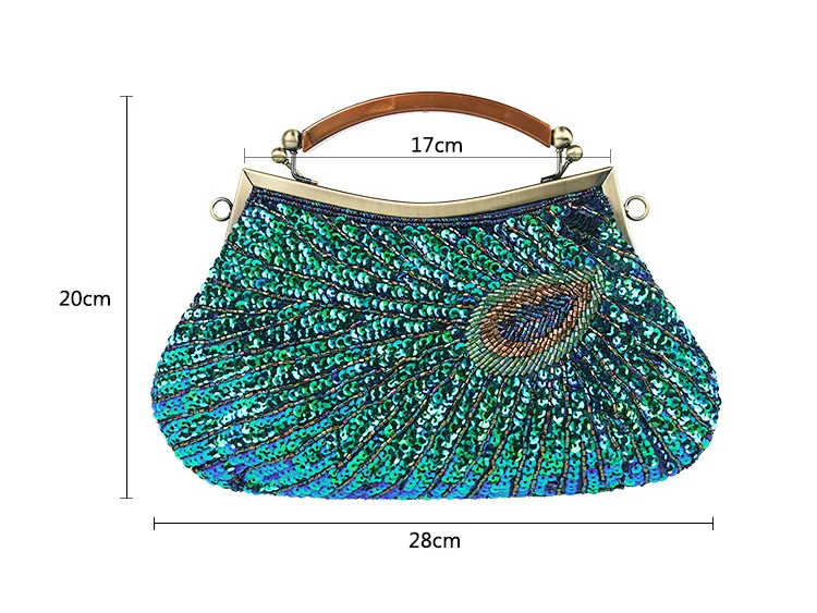 Retro Peacock Blue Evening Bags For Women Fine Sequin Embroidered Clutches Purse Wedding Dinner Party Clutch Handbag With Handle
