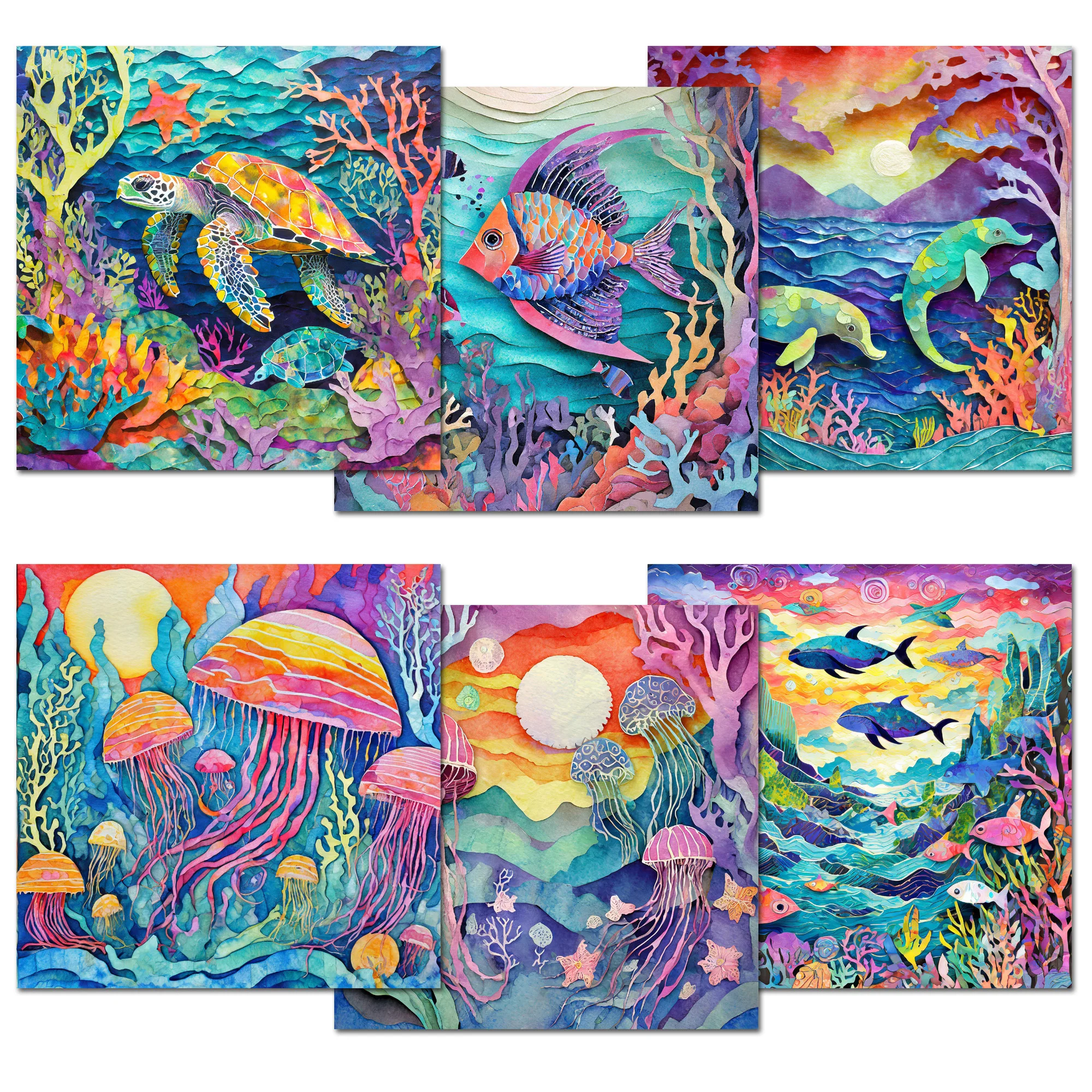 수채화 수중 세계 DIY 스크랩북 세트, 미니 선물 포장, 저널 용품, 예술에 적합, 68 장 (12 장 + 56 스티커)