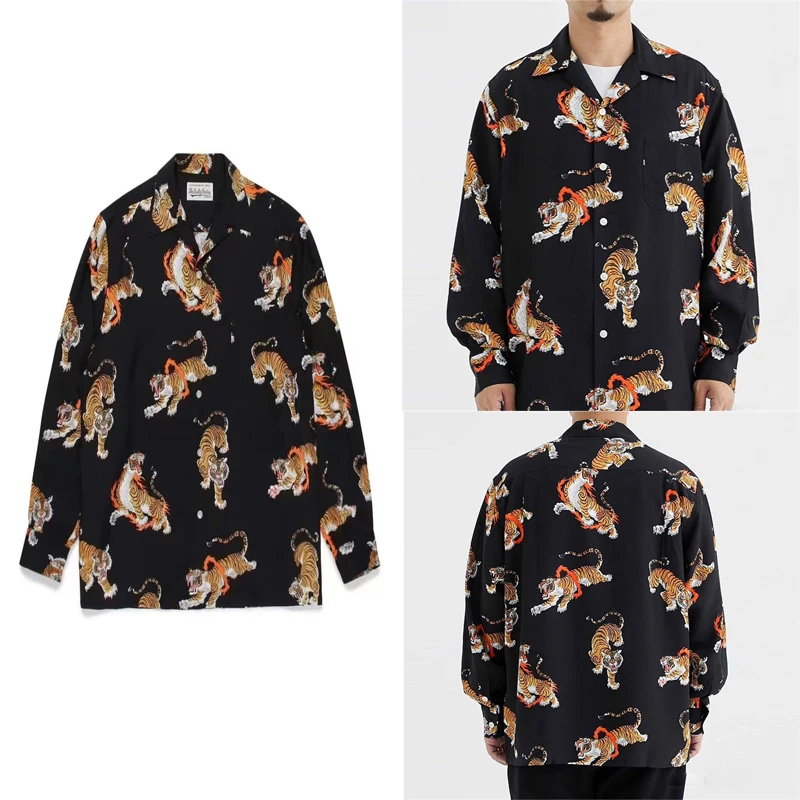 Flame Ring Print  WACKO MARIA Shirt Men Women Oversize Hawaii Beach Long Sleeve Shirt Blouse Japan