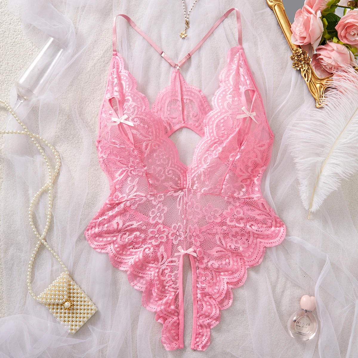 Women's Hollow Bra Combination Bodysuit Catsuit Lace Bow Jumpsuit Sexy Lingerie Set Floral Sleepwear One-piece Crotchless Deep V