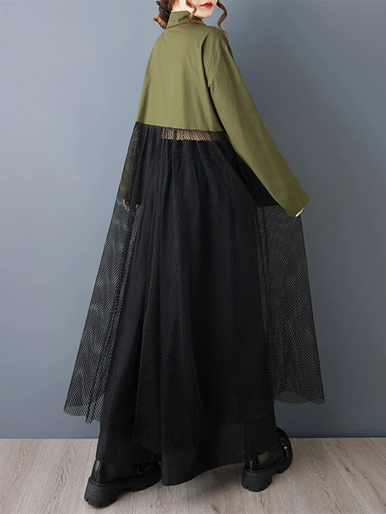 Mesh Patchwork Zipper Oversized Shirt Dresses For Women New Long Sleeve Loose Casual Vintage Dress Clothing Spring Autumn 2026