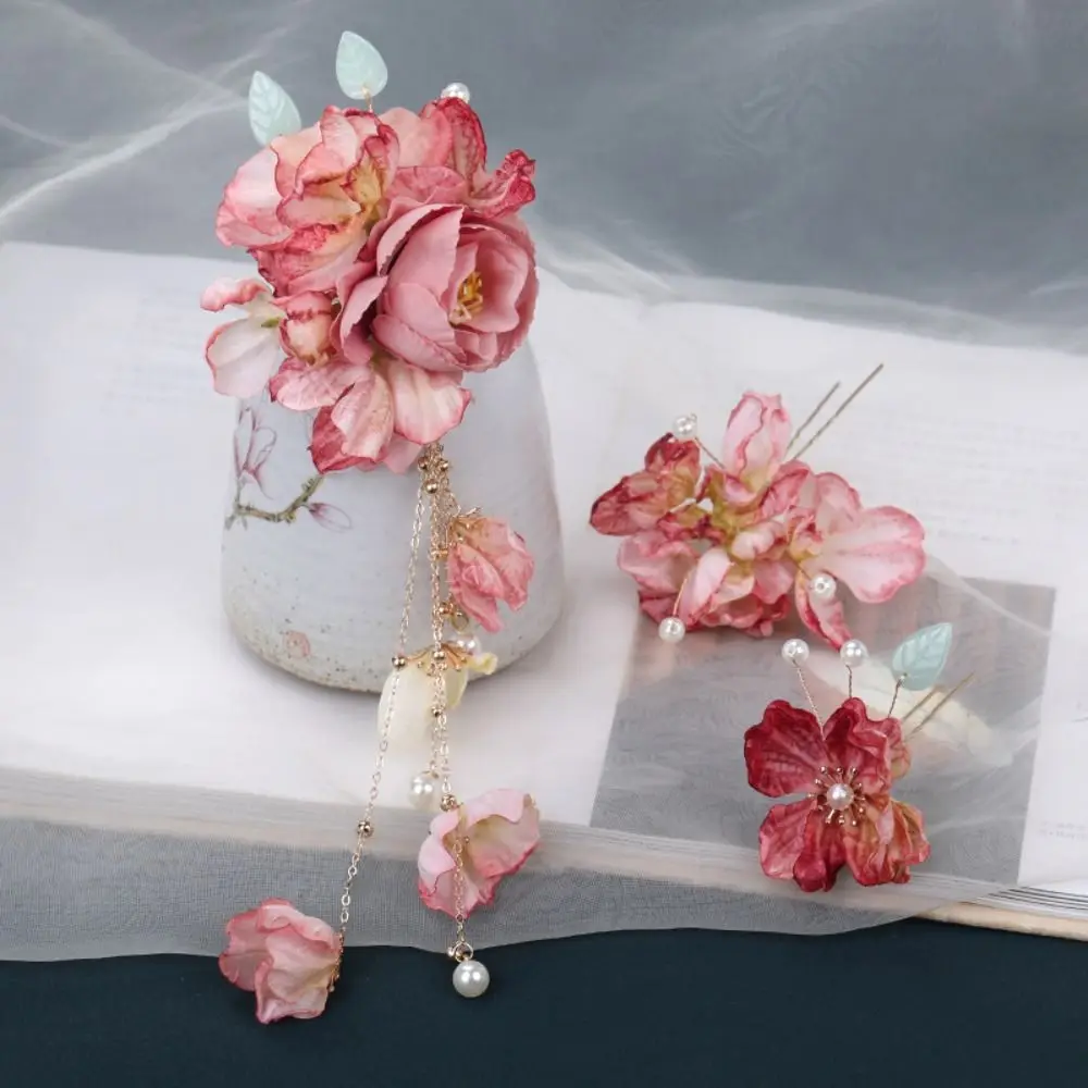New Artificial Flower Floral Hairpin Forks U-shaped Tassel Hair Clip Fork Vinatge Chinese Style Tassel Headwear Hanfu