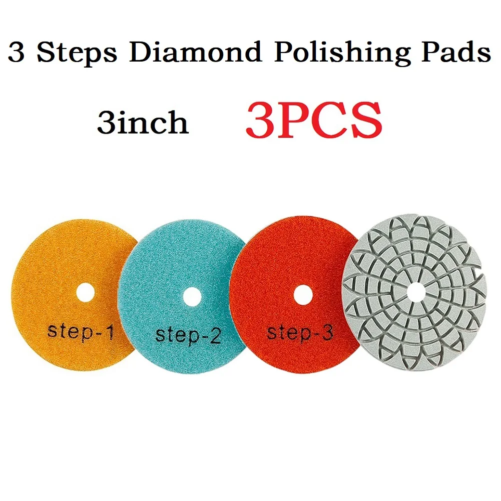 3pcs 80mm 3Inch Polishing Pad Dry/Wet Diamond 3 Step Polishing Pads Marble Grinding Pads Granite Polishing Tool Grit 1#/2#/3# 3pcs hexagonal shank step drill pagoda drill bag tool kit step drill hole opener