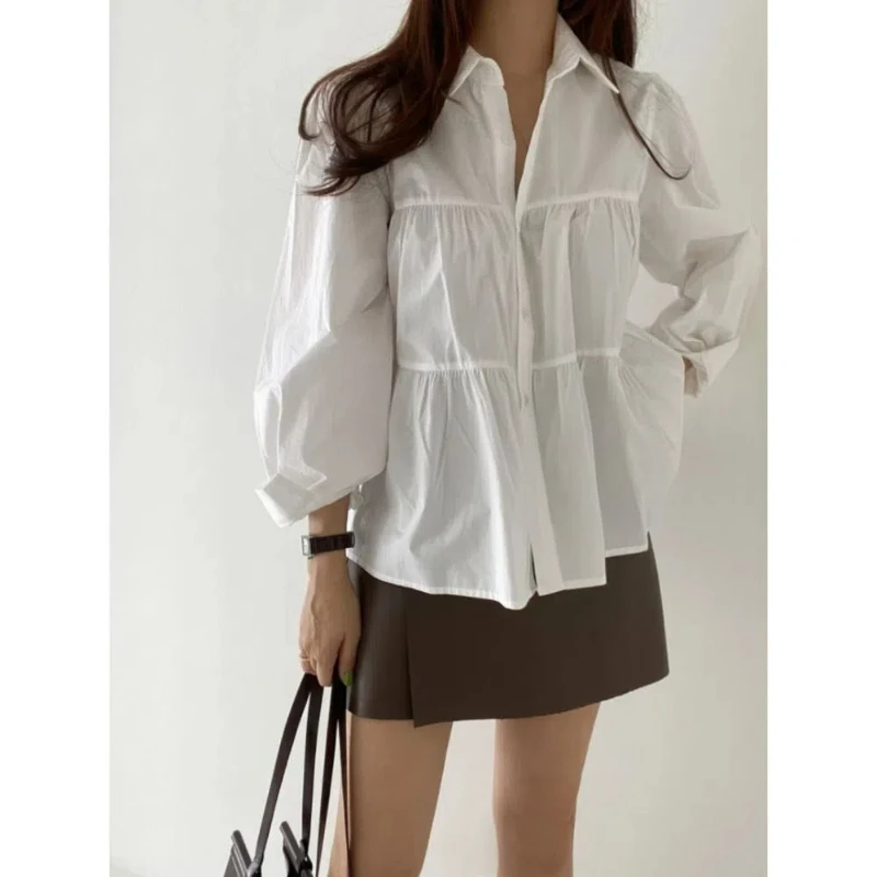 Flip Collar Single Breasted Pleated Patchwork Design Loose Bubble Sleeve Shirt Top for Women 267