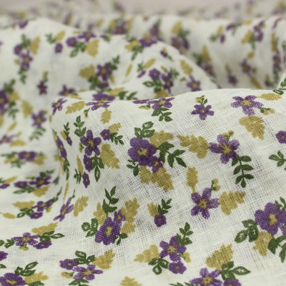 

one meter High end pure flax fabric Purple flower printing tissu Shirt dress shirt gown fabrics