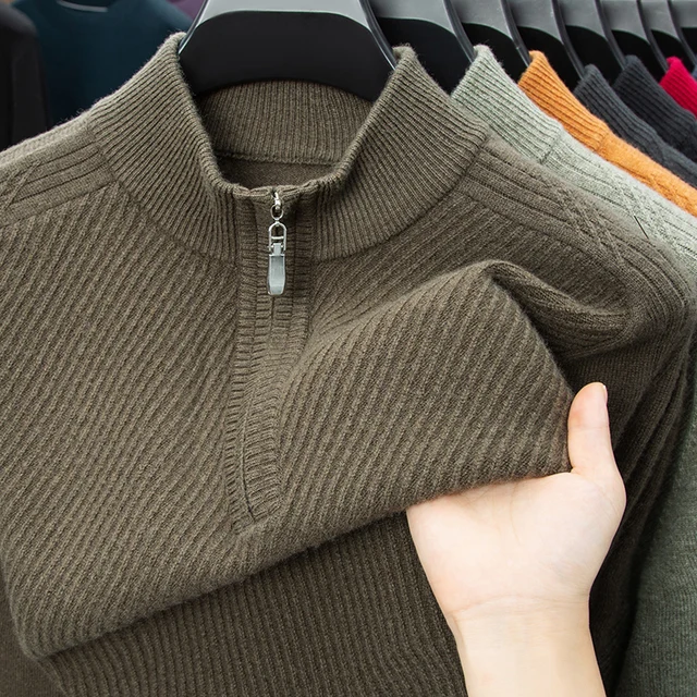 Suéter de lujo 100% de lana para hombre, Jersey de punto grueso con cuello alto y media cremallera, manga larga, moda de otoño e invierno, ropa informal cálida