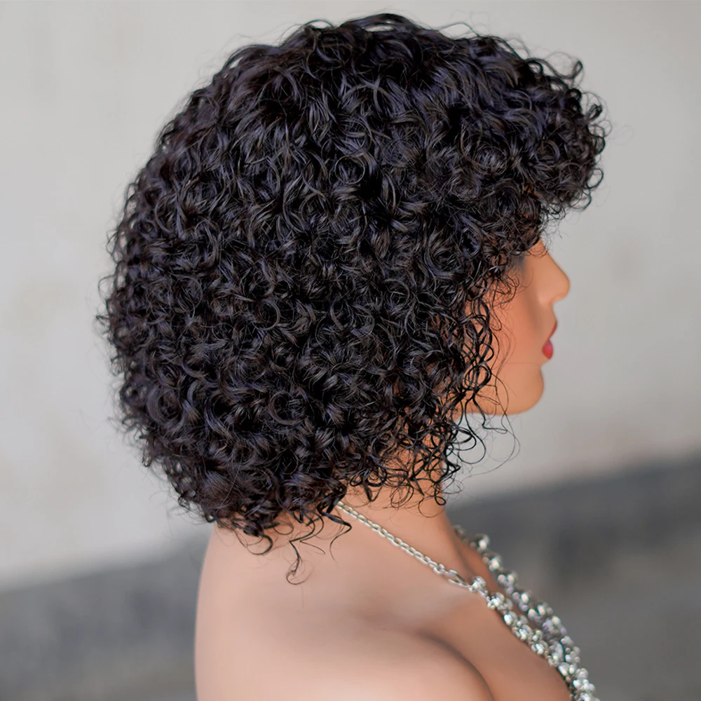 Kinky Curly Wig with Bangs 180% Density Full Machine Made Water Wave Curly Glueless Short Bob Wigs Brazilian Human Hair