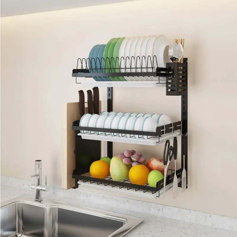 Wall Mounted Stainless Steel Dish Drying Rack Fruit Vegetable Storage  Basket with Drainboard and Hanging Chopsticks Cage Knife Holder Kitchen  Supplies Shelf Utensils Organizer (3-Tier)