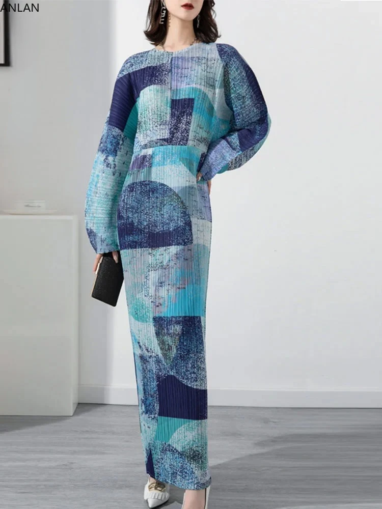 

ANLAN 2024 весеннее модное Плиссированное Платье с принтом для женщин с круглым вырезом с длинными рукавами длинные платья с цветными блоками женская одежда 9A108