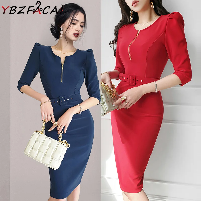 

Women OL Simple Office Professional Dress 2022 Summer High Quality O Neck Zipper Half Sleeve Slim Mid Length Belt Pencil Skirt
