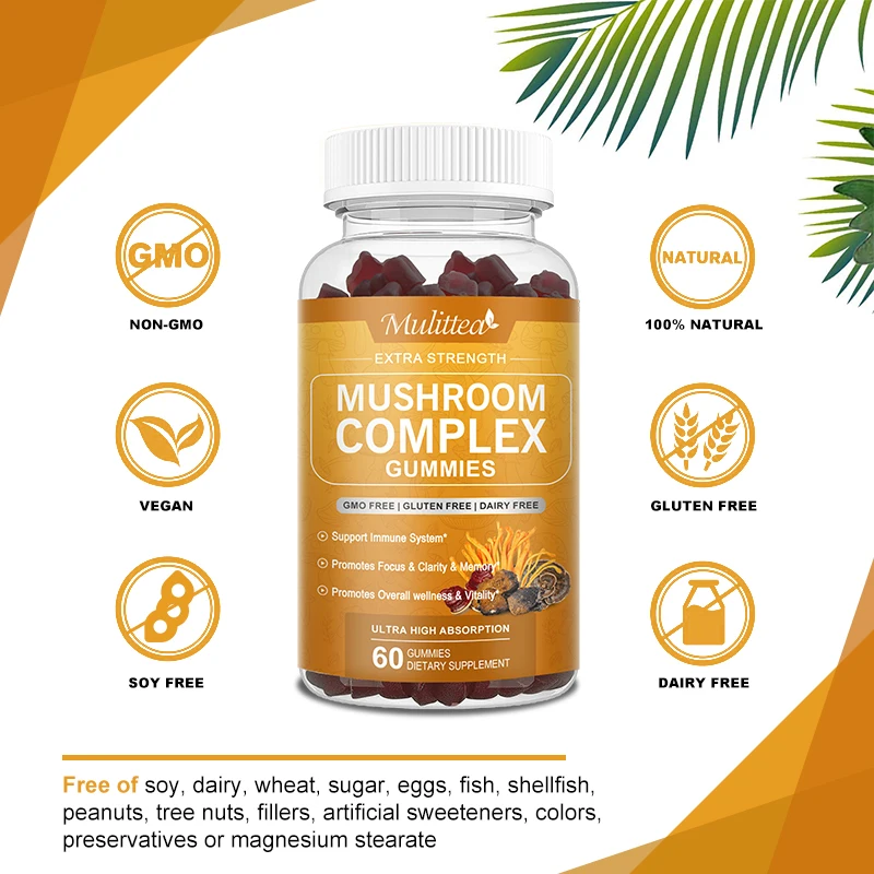Mulittea Lion's Mane Mushroom Complex Gummies with Chaga Reishi Cordyceps for Focus Memory Relief Stress Better Mood