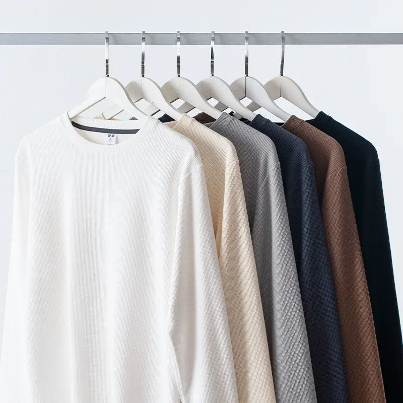 Men Sweater Men Waffle Long Sleeve T-shirt Men Heavy Round Neck Loose T-shirt Top Autumn New Solid Base Shirt Men Winter Clothes 2