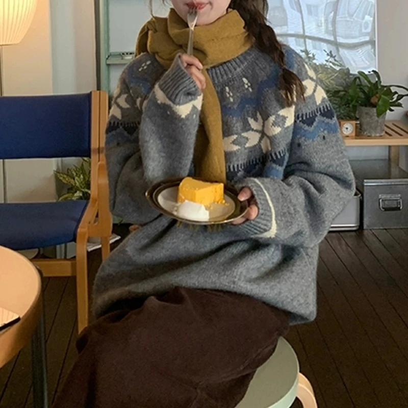 Autumn Casual Soft Loose Long Sleeved Knitted Top Winter Korean Printed O-neck Pullover Sweater Classic Retro Women's Sweater