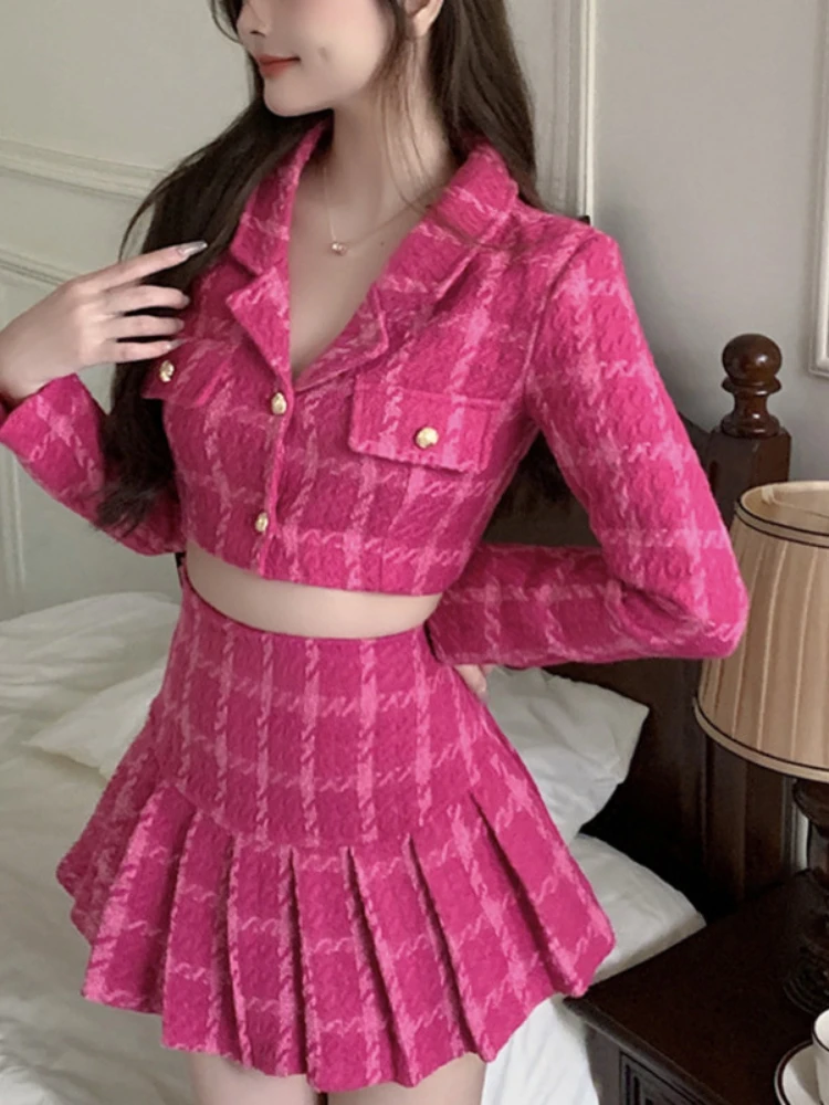 Fall Small Fragrance Vintage Tweed Two Piece Set Women Crop Top Woolen  Short Jacket Coat + Mini Skirts Sets Sweet 2 Piece Suits