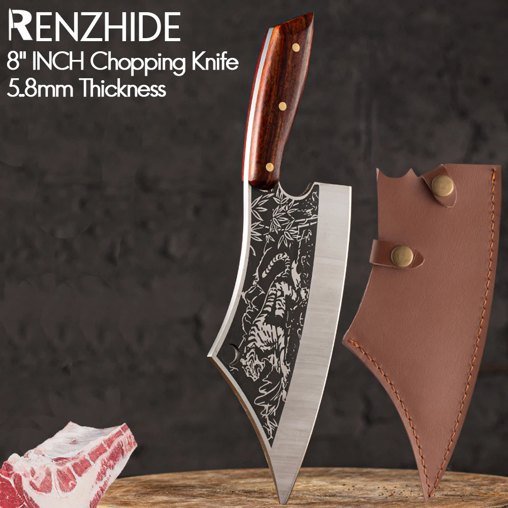 

RZD Forged Steel Cleaver Bone Chopping Knife 5.8mm Thickness Knife Cover Sheath Butcher Pattern Veins Blade Hard Food Fish Tools