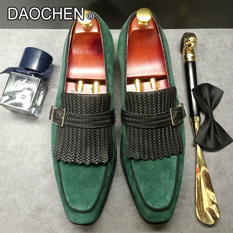 LUXURY MEN'S LOAFERS SLIP ON BUCKLE STRAP SHOES CASUAL DRESS MAN SHOES TASSELS WEDDING BANQUET SUEDE LEATHER SHOES MEN