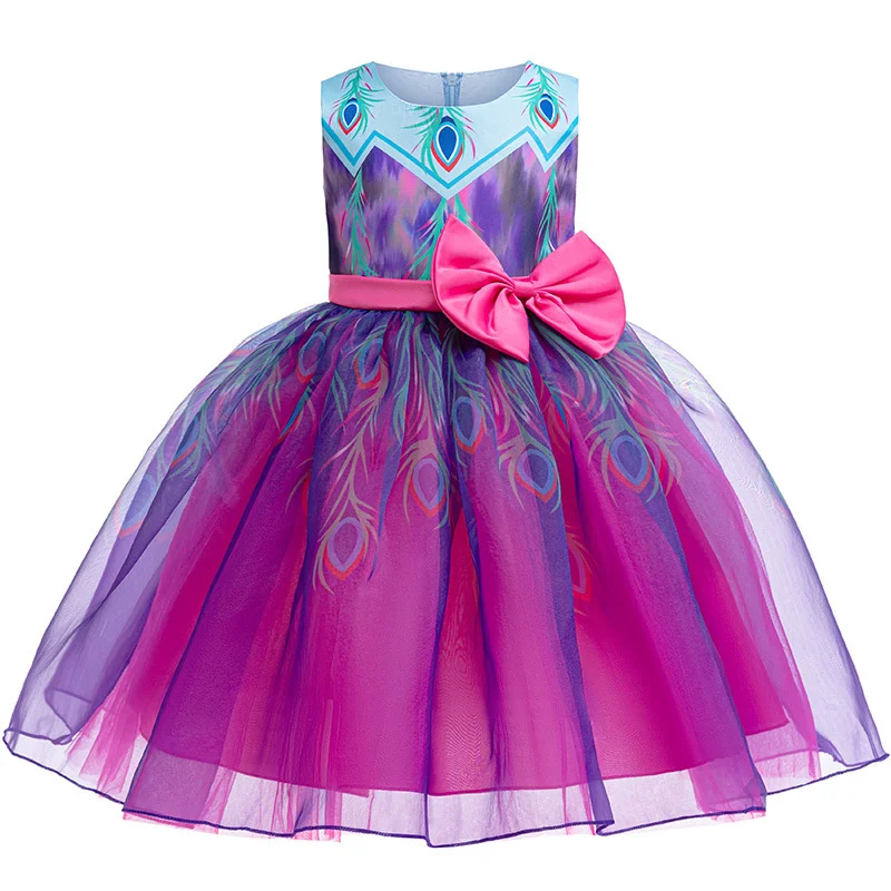

Girls New Cosplay Dress Children Feather Mesh Printing Party Performance Vestidos Princess Big Bow Gown Kids Wedding Clothes