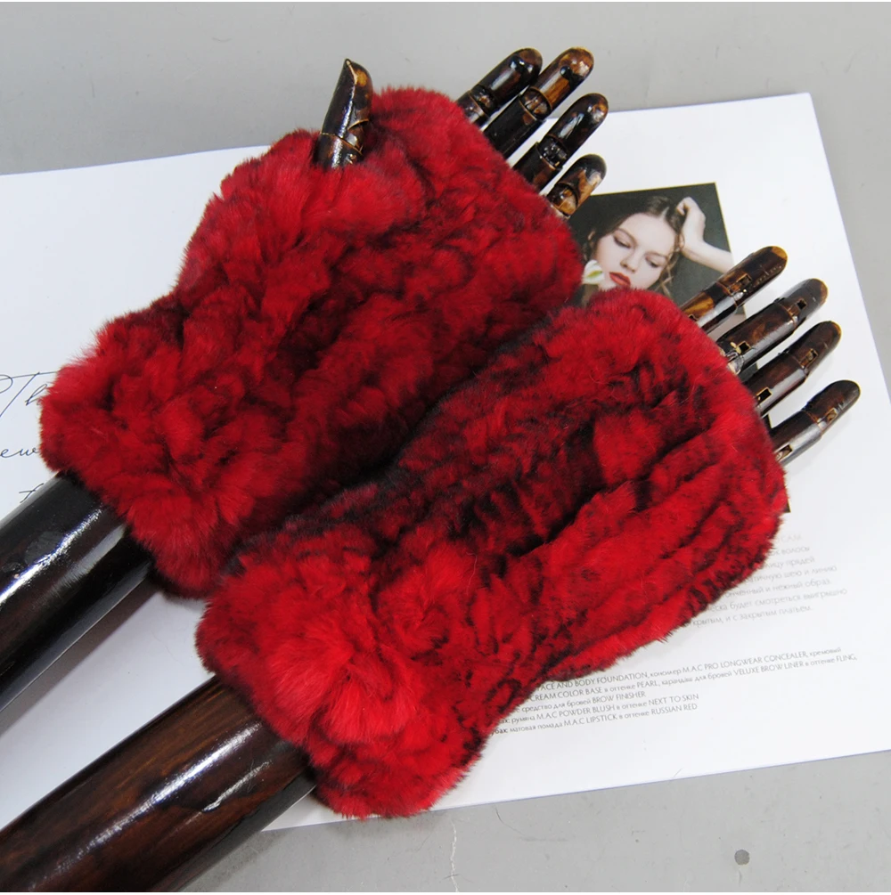 Hot Sale Winter Women Natural Real Rex Rabbit Fur Gloves Good Elastic Knitted Rabbit Fur Mittens Lady Real Rex Rabbit Fur Gloves