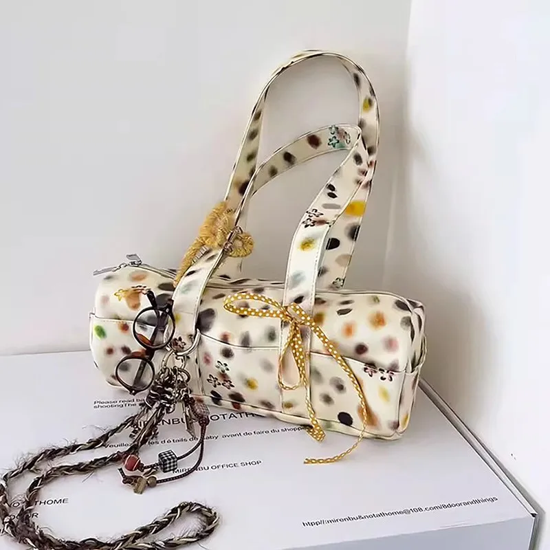 Korean Colorful Polka Dot Shoulder Bags Women Cylinder Zipper Handbag Ladies Unique Versatile Fashion Commute Crossbody Bag 2025