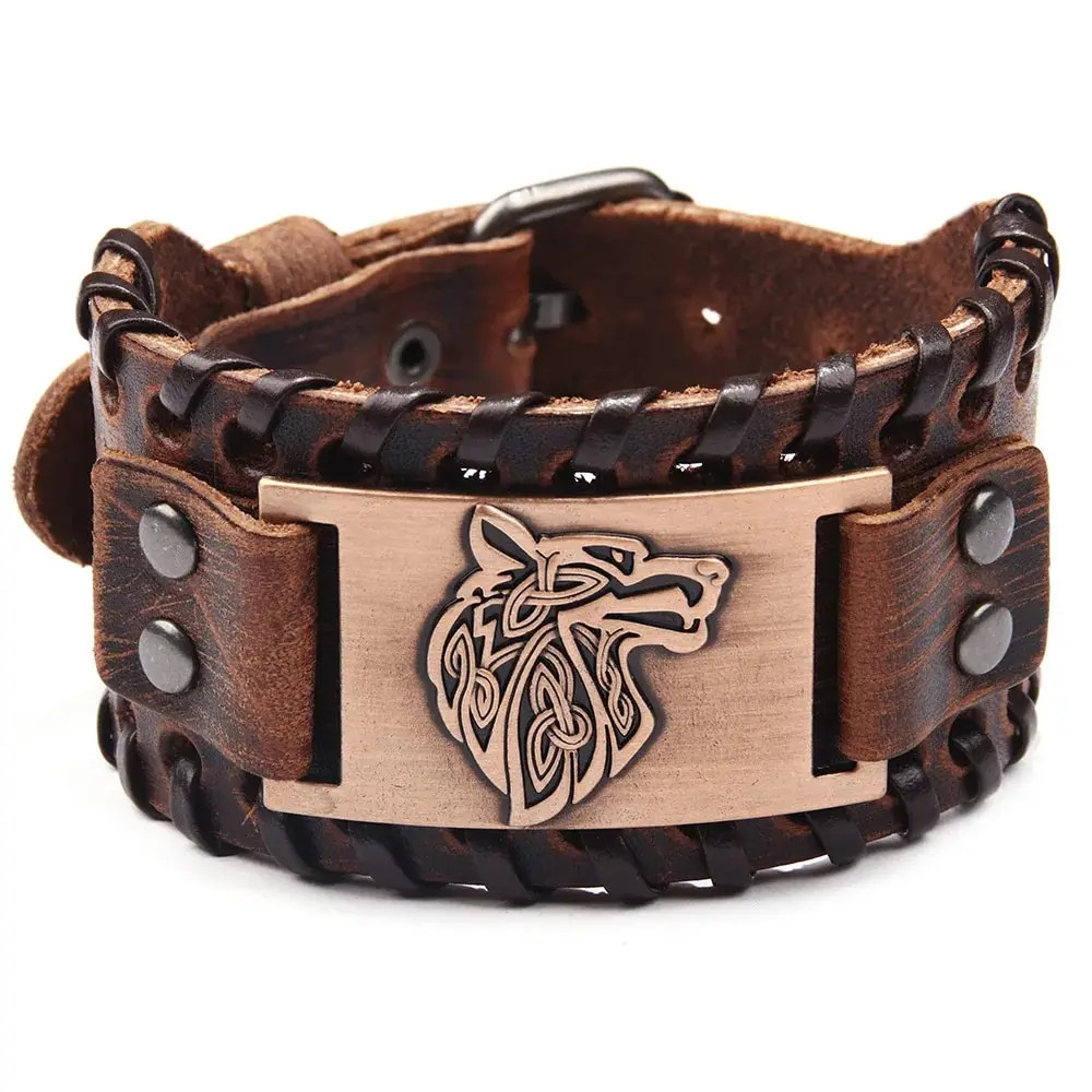 Vintage Viking Leather Braided Bracelet for Men Celtic Wolf Head Bangle Classic Animal Motifs Jewelry Hand Accessories leather bracelet