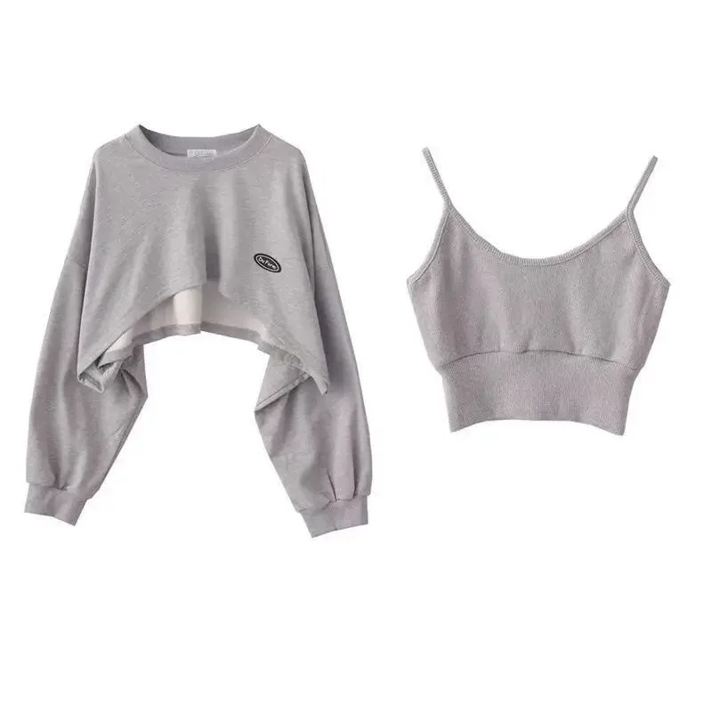 

Women's Fashion Asymmetrical Cropped Camis Sweatshirt 2 Piece Casual Solid Long Sleeve Female Pullovers Chic Tops