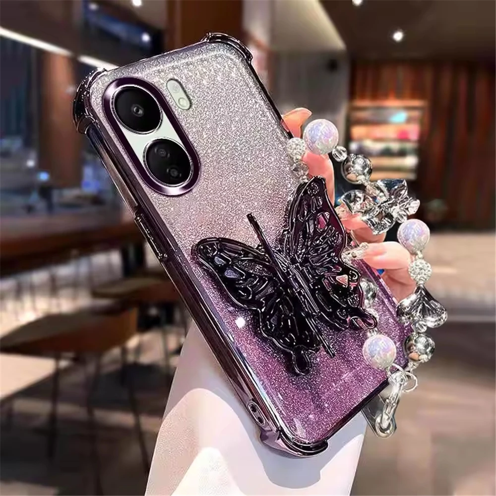 Glitter Plating Butterfly Holder Phone Case with Bracelet - Soft Silicone Shockproof Cover