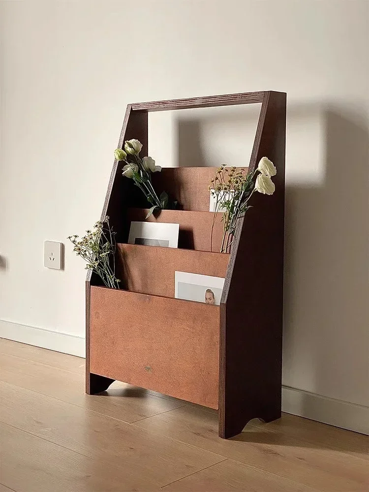 Retro Solid Wood Large Capacity Magazine Rack Light Luxury Coffee Shop Floor Creative Small Bookshelf Record Storage Racks