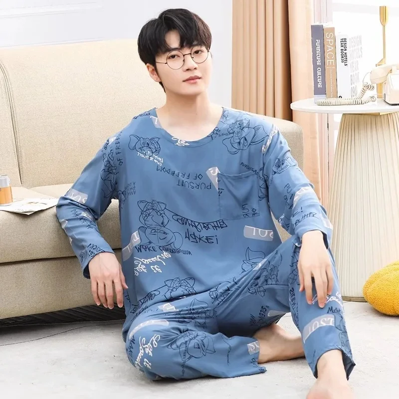 Cotton Pyjamas Long Sleeve round Neck Pullover Sleepwear Spring Autumn Style for Men plus Size Home Clothes Set Youth Size