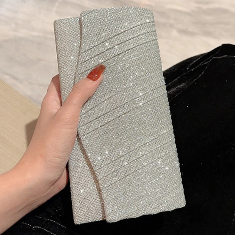 Square Bags for Women Pleated PU Leather Envelope Evening Handbags Sequins Wedding Bridal Shoulder Bags Messenger Chain Purse
