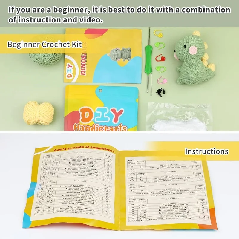 BUDDUR Dinosaur Crochet Knitting Kit Instruction Cotton Yarn Thread Doll Making DIY Handmade Craft Accessories Set