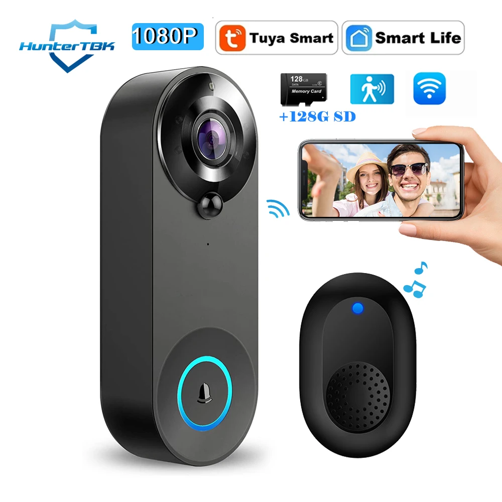 מצלמת פעמון דלת אלחוטית 1080P עם חיבור WiFi, פעמון דלת חכם Tuya לבית חכם עם זיהוי תנועה, ראיית לילה ואינטרקום