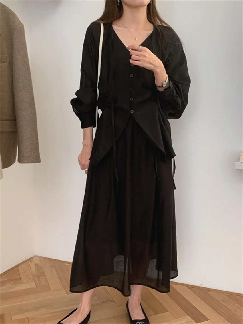 

Женский костюм с юбкой Макси Alien Kitty, однотонный комплект из рубашки с V-образным вырезом и эластичной талией, элегантная офисная одежда для работы, осень 2023