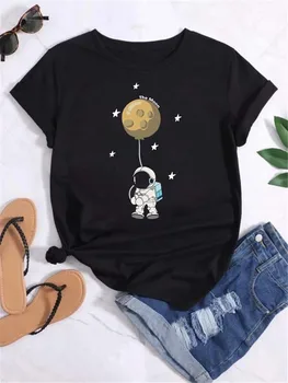 Maycaur T Shirt Women Moon Planet Print Fashion Tee Shirts Casual Round Neck Short Sleeve Streetwear Female T-Shirt Vintage Tops 2