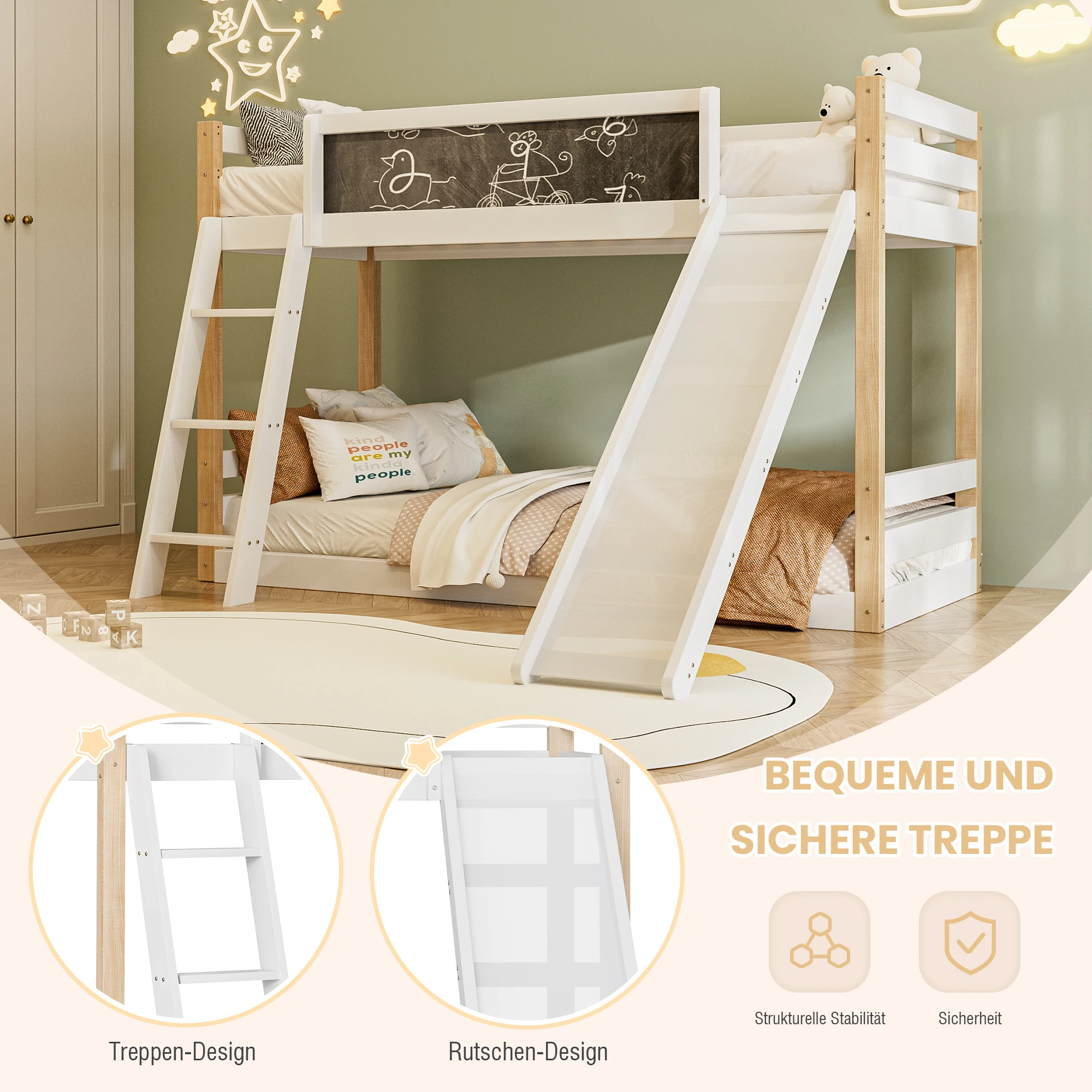 KOMHTOM Kinder Etagenbett mit Rutsche & Treppe, Stabiler Wood, PB-Rahmen, 4-seitigem Schutzgitter – Detail 5