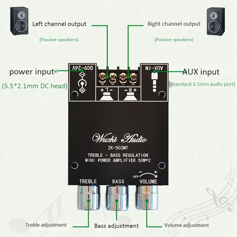 

6X ZK-502MT Bluetooth 5.0 Subwoofer Amplifier Board 2.0 Channel High Power Audio Stereo Amplifier Board 2X50W Bass AMP