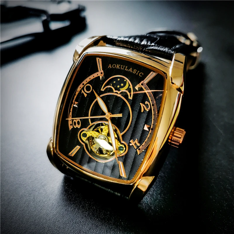 

AOKULASIC Top Brand Automatic Watch Men Mechanical Mens Tourbillon Watches Fashion Waterproof Luxury Moon Tonneau relojes hombre