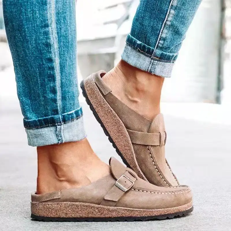 2026 New Women's Shoes Slip on Female Flats Durable Belt Buckles Mules Fashion Wear Resistant Women Half Slippers Retro Zapatos 1
