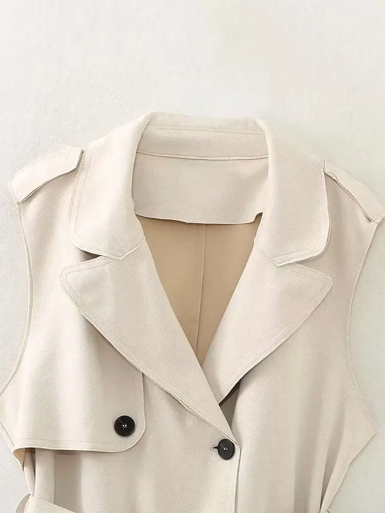 Withered British Retro Double-Breasted Long Vest Coat Casual Fashion Elegant Suede Sleeveless Suit Jacket Women Tops