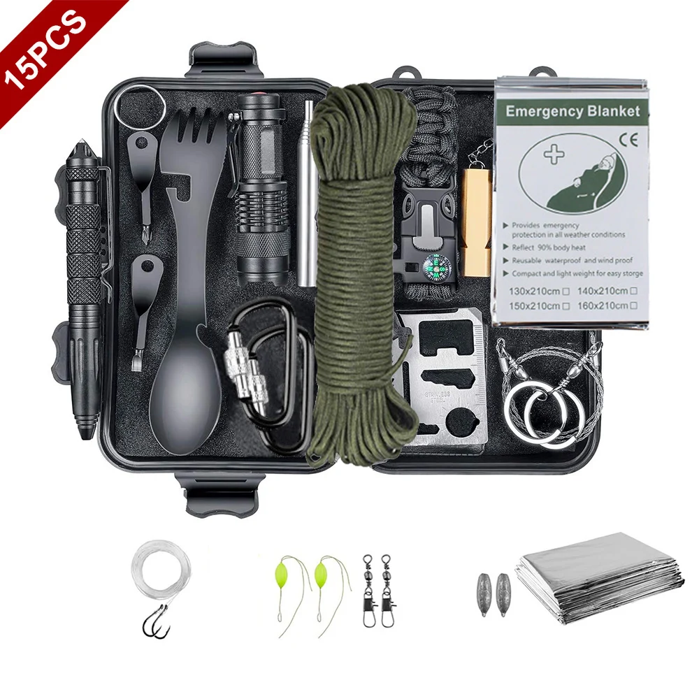 15 IN 1 Emergency Survival Kit Gear Camping Travel Multifunction